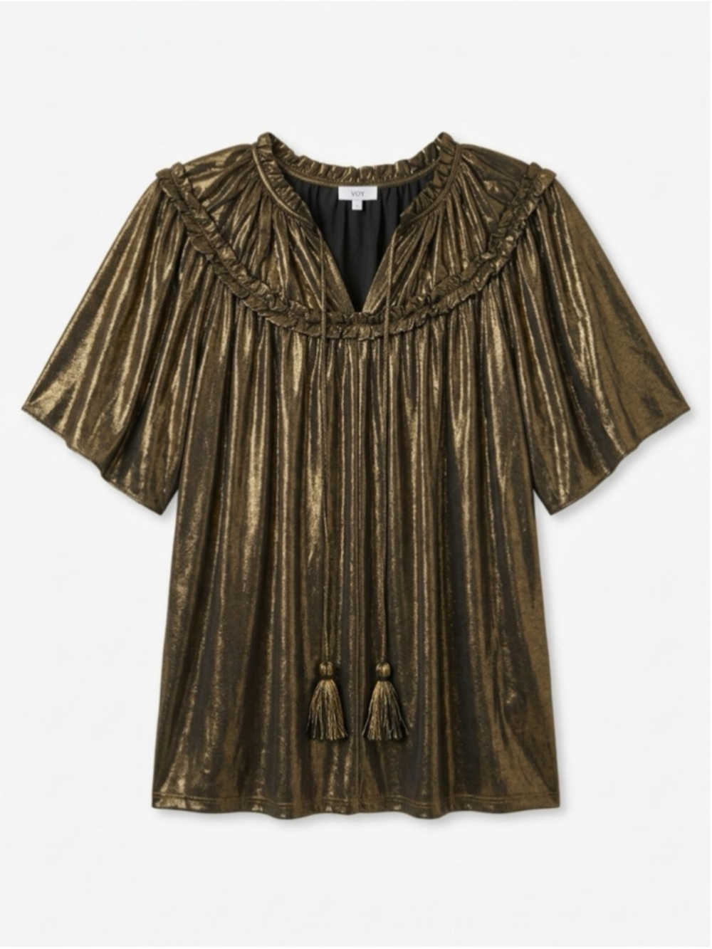 Metallic Gold Short-Sleeve Ruffled V-Neck Top - Picture 3 of 4